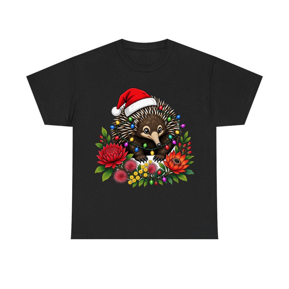 Echidna in Christmas Lights personalised Christmas T-shirt in black