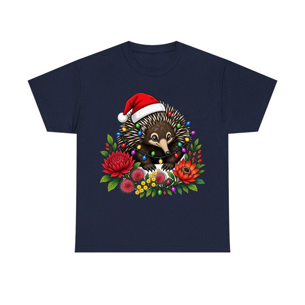 Echidna in Christmas Lights personalised Christmas T-shirt in navy