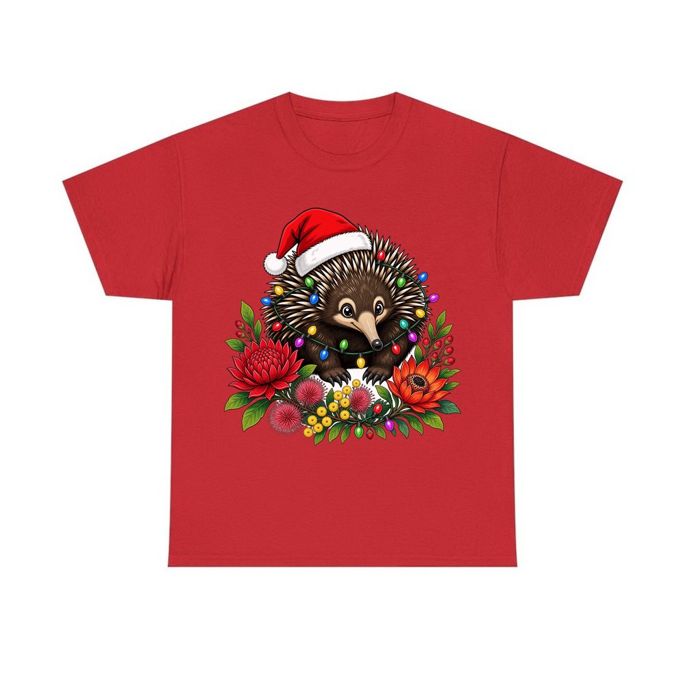 Echidna in Christmas Lights personalised Christmas T-shirt in red