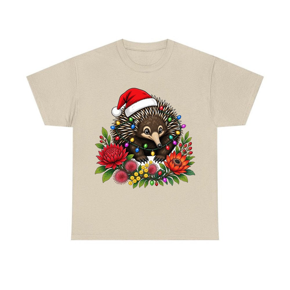 Echidna in Christmas Lights personalised Christmas T-shirt in sand