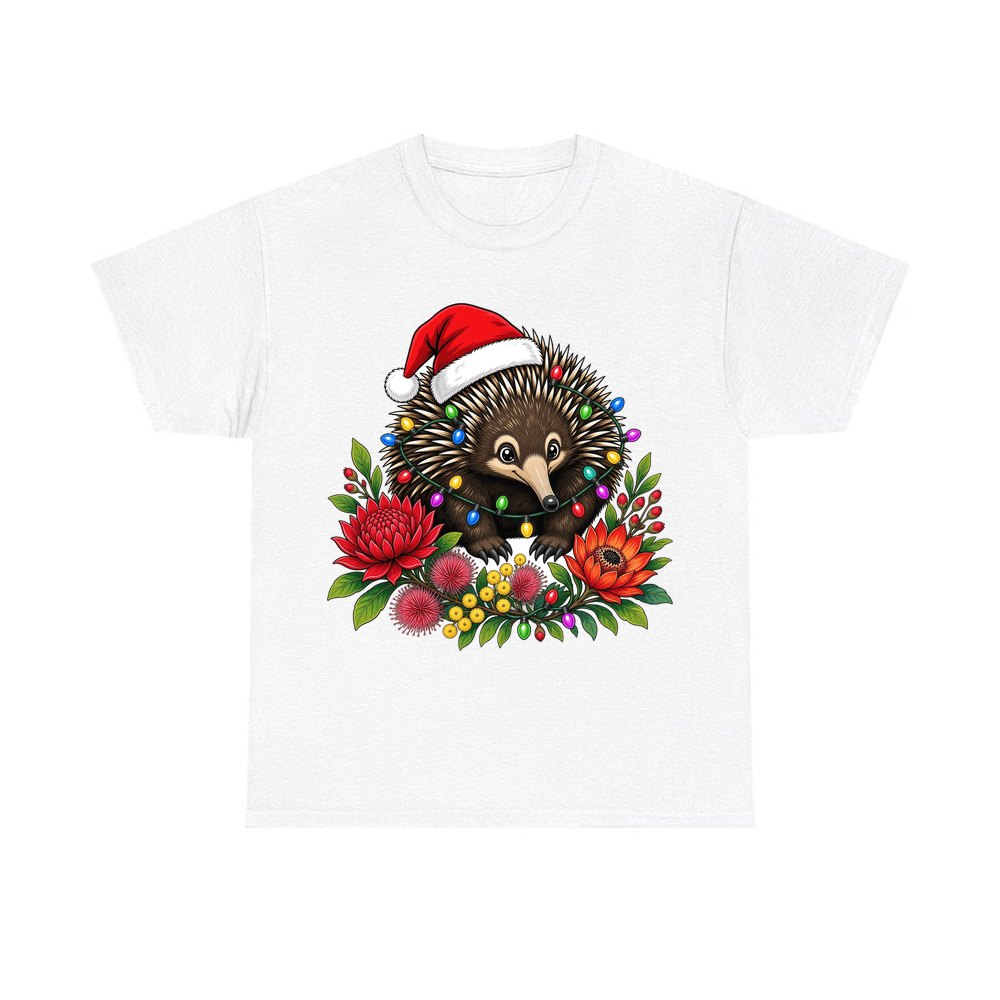 Echidna in Christmas Lights personalised Christmas T-shirt in white