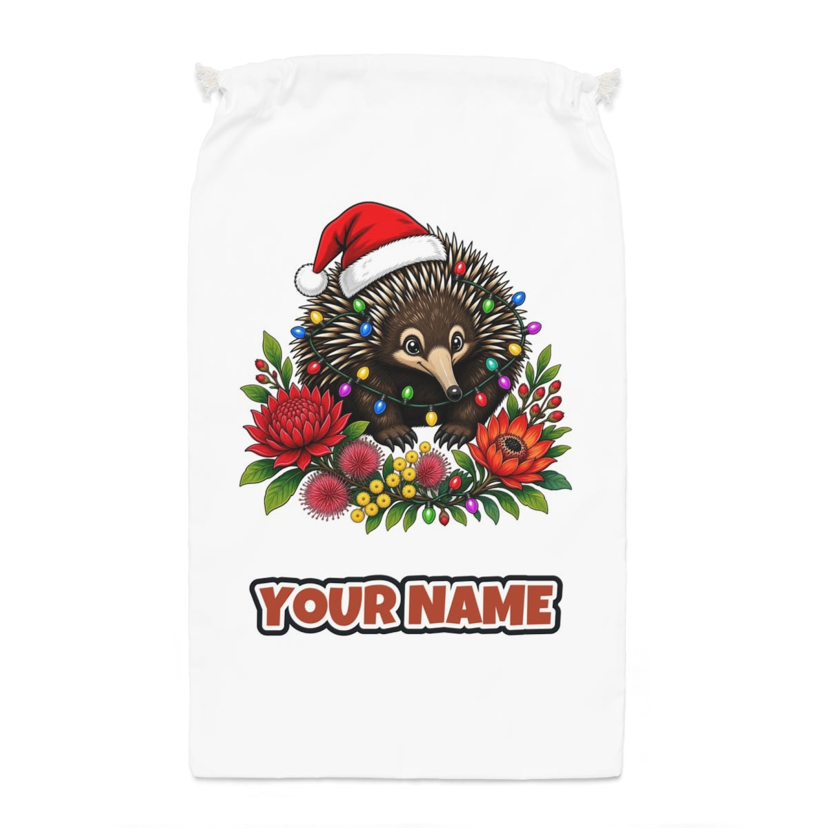 Echidna in Christmas Lights Santa sack laid flat, showing the full print