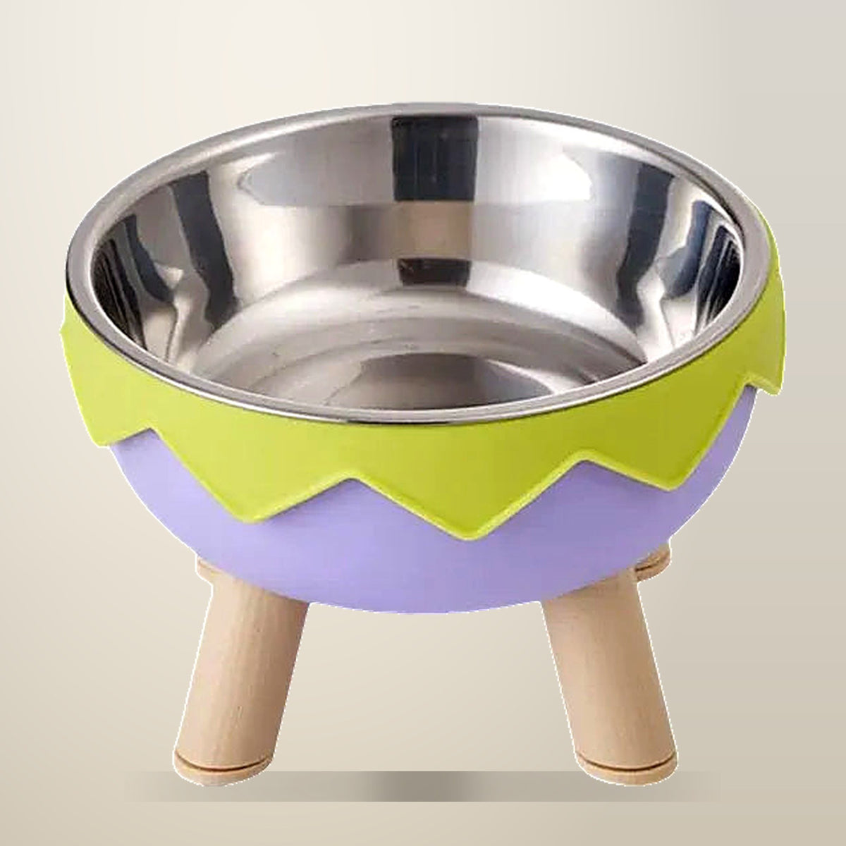 Eggshell Shaped Raised Pet Bowl, Yellow, Green or Pink, on a plain cream background