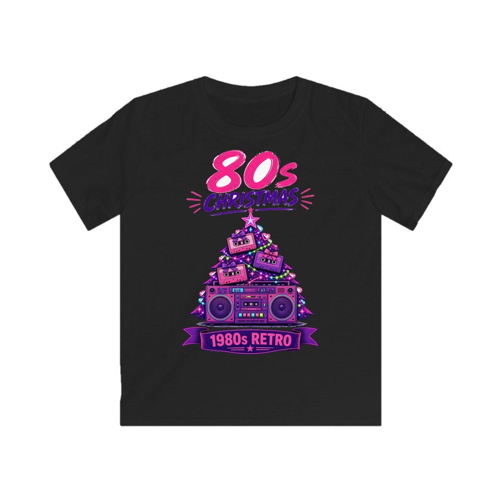Eighties Boombox Christmas Tree personalised kids Christmas tee in black