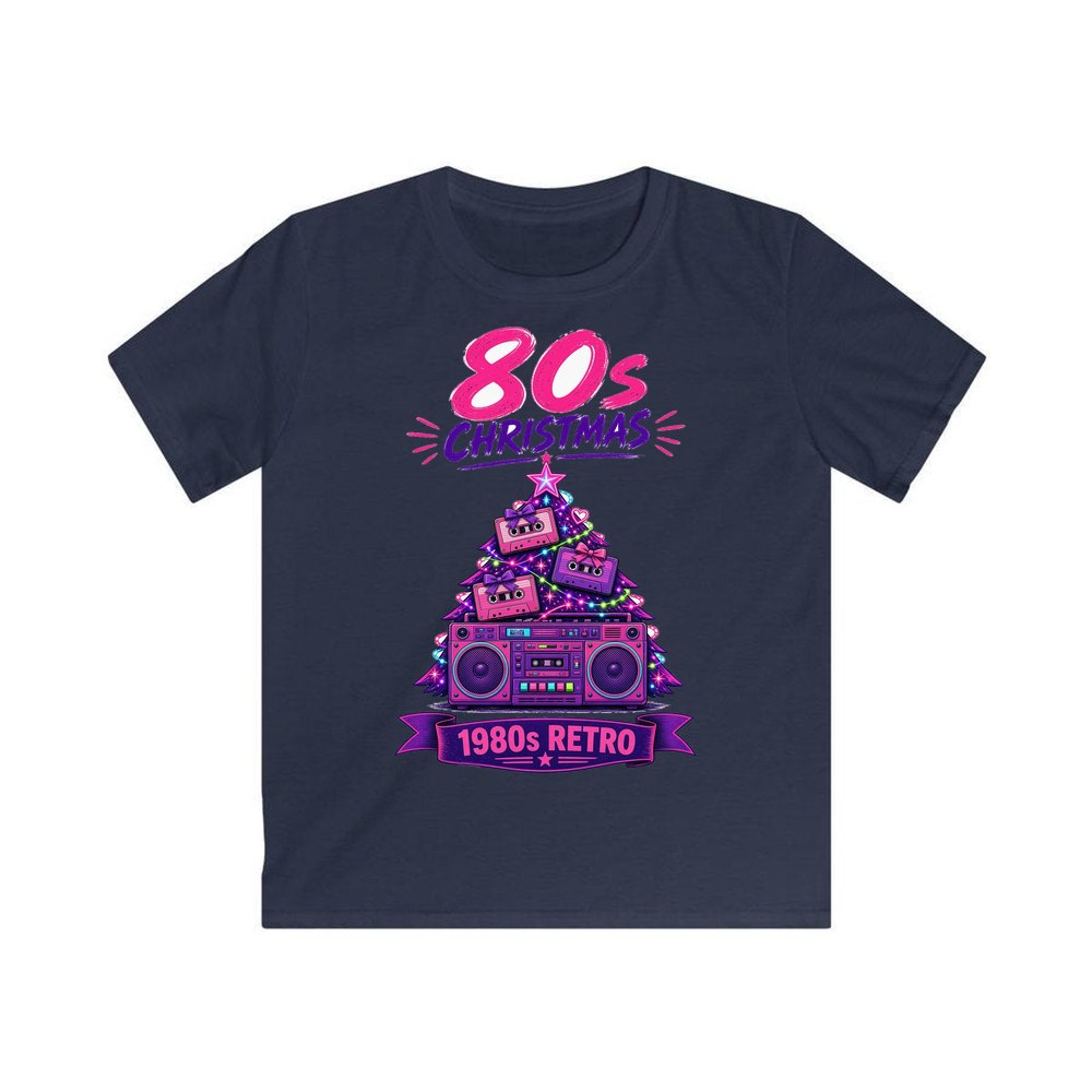 Eighties Boombox Christmas Tree personalised kids Christmas tee in navy