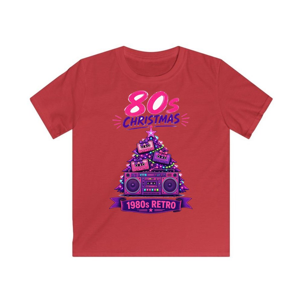 Eighties Boombox Christmas Tree personalised kids Christmas tee in red