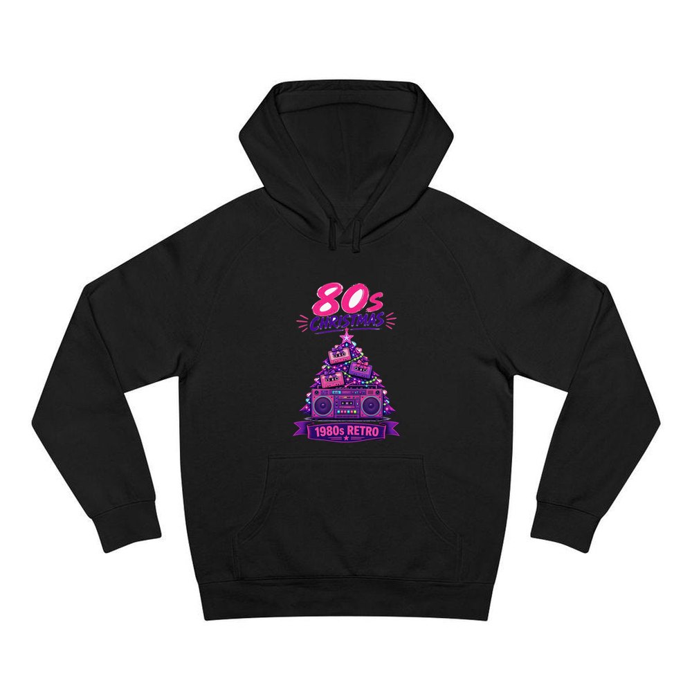 Eighties Boombox Christmas Tree personalised Christmas hoodie in black