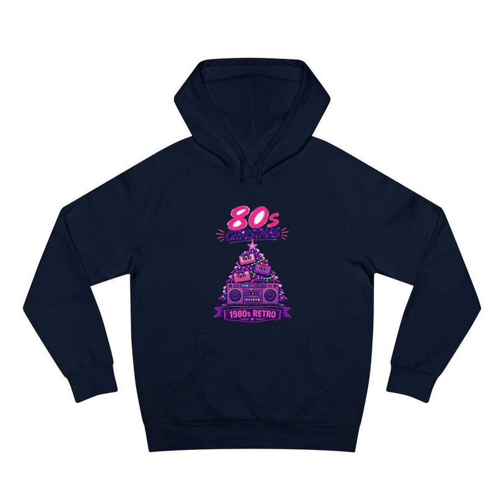 Eighties Boombox Christmas Tree personalised Christmas hoodie in navy