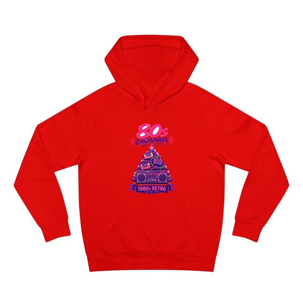 Eighties Boombox Christmas Tree personalised Christmas hoodie in red
