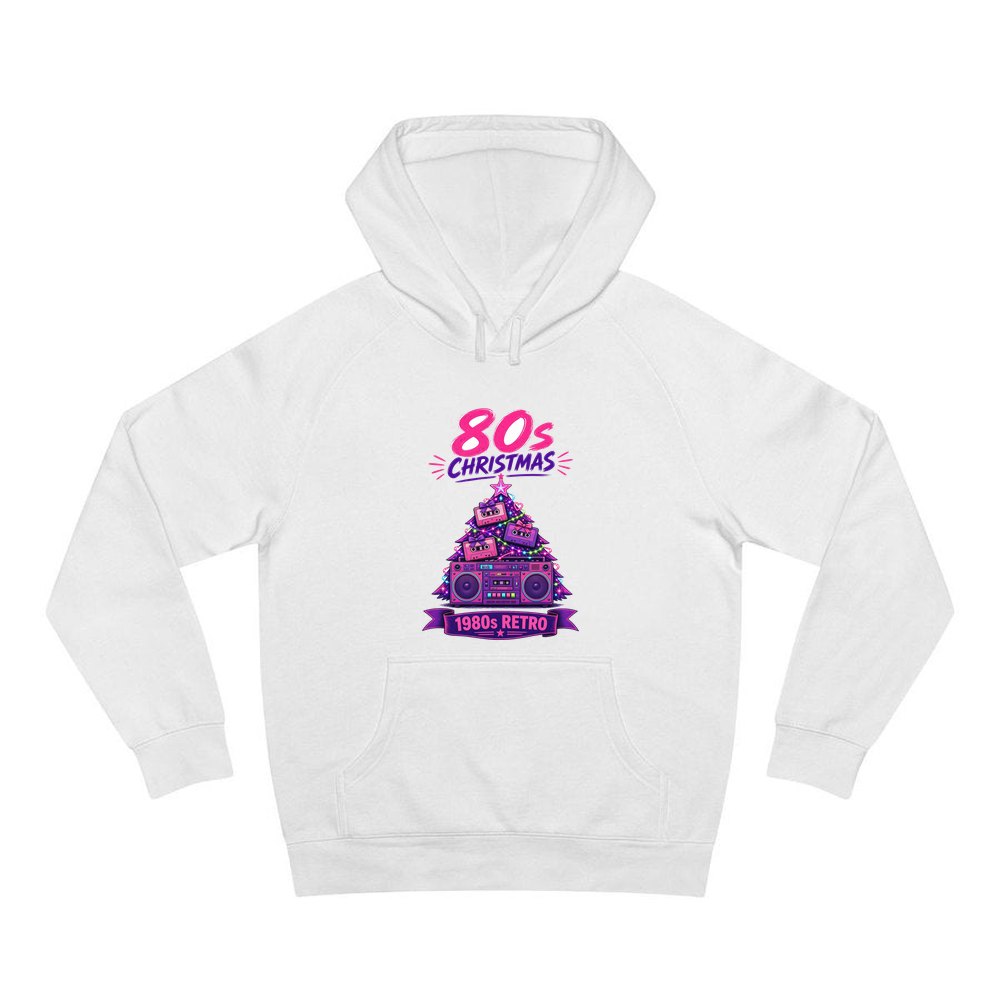 Eighties Boombox Christmas Tree personalised Christmas hoodie in white