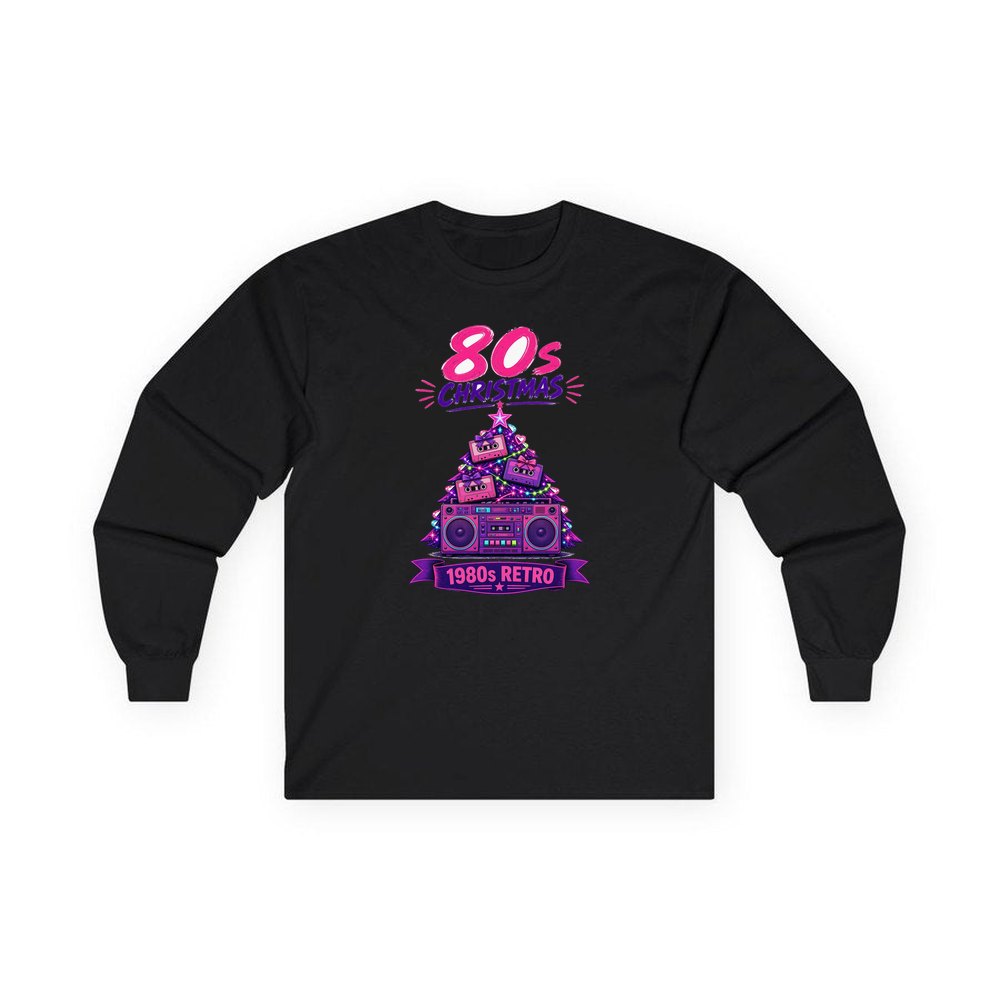 Eighties Boombox Christmas Tree personalised long sleeve Christmas T-shirt in black