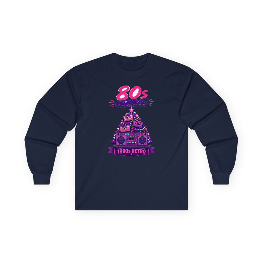 Eighties Boombox Christmas Tree personalised long sleeve Christmas T-shirt in navy