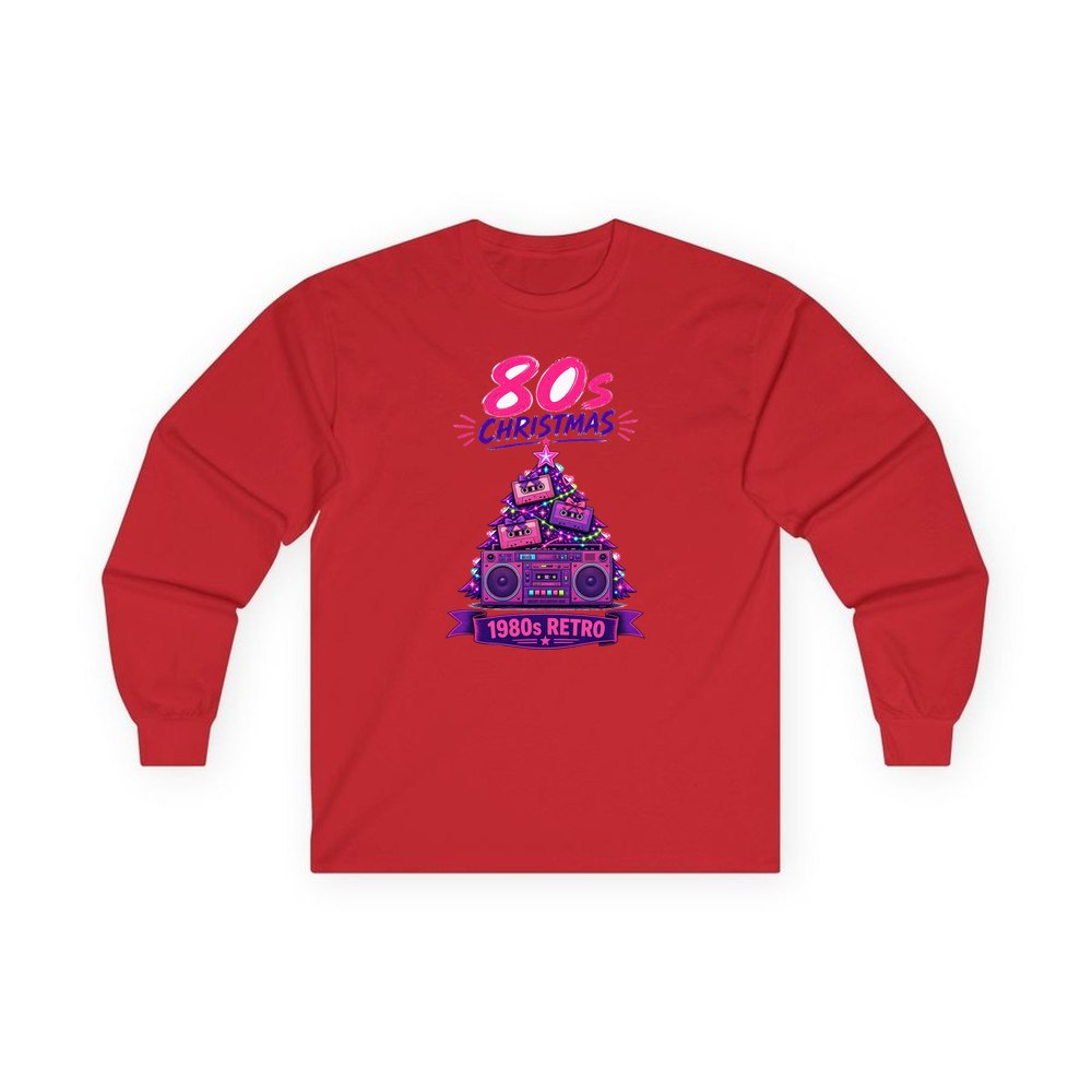 Eighties Boombox Christmas Tree personalised long sleeve Christmas T-shirt in red