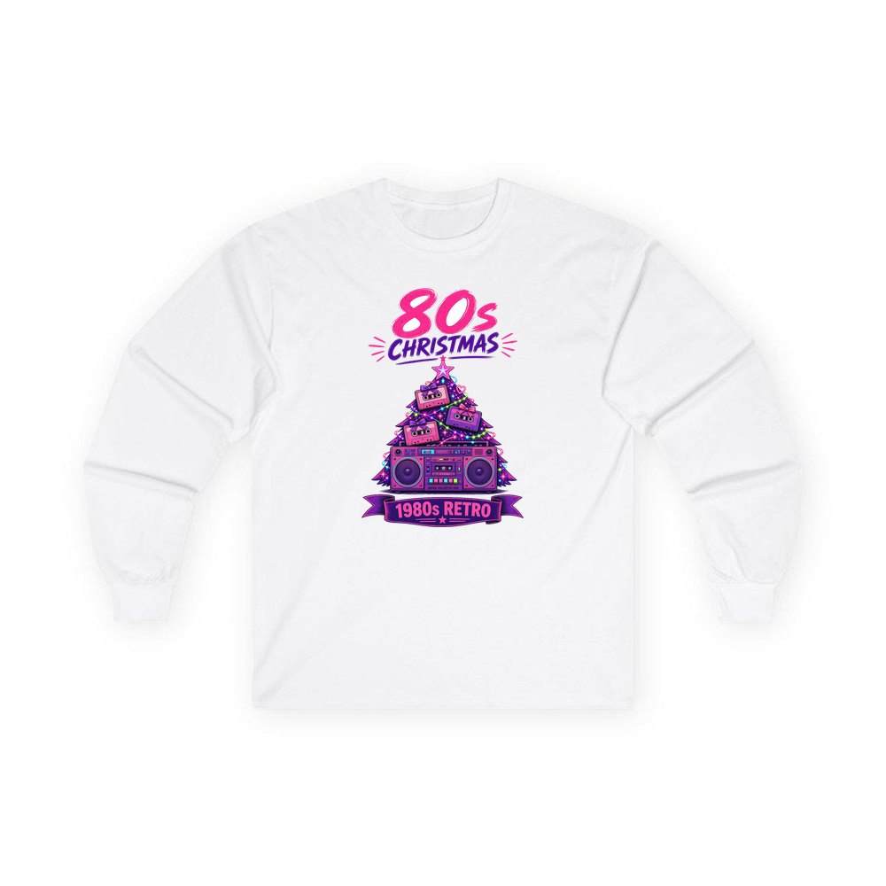 Eighties Boombox Christmas Tree personalised long sleeve Christmas T-shirt in white