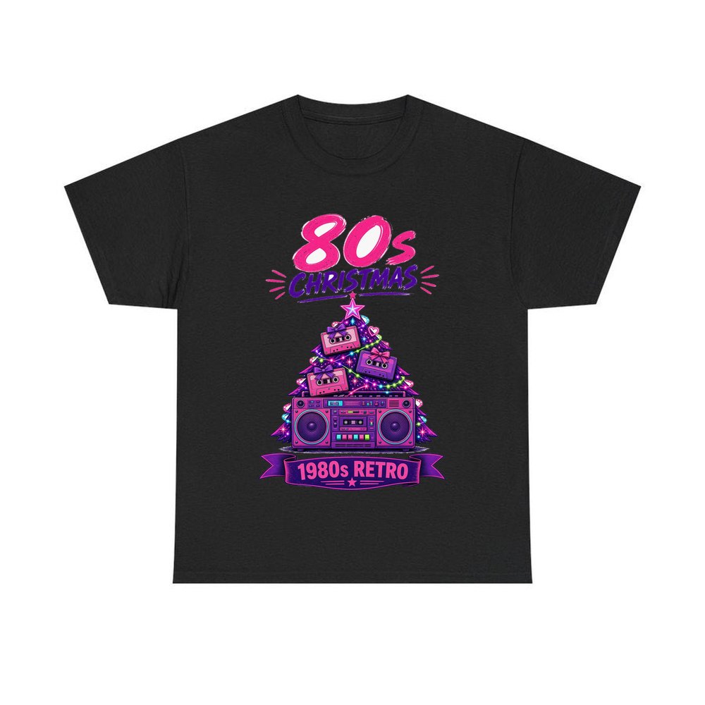 Eighties Boombox Christmas Tree personalised Christmas T-shirt in black