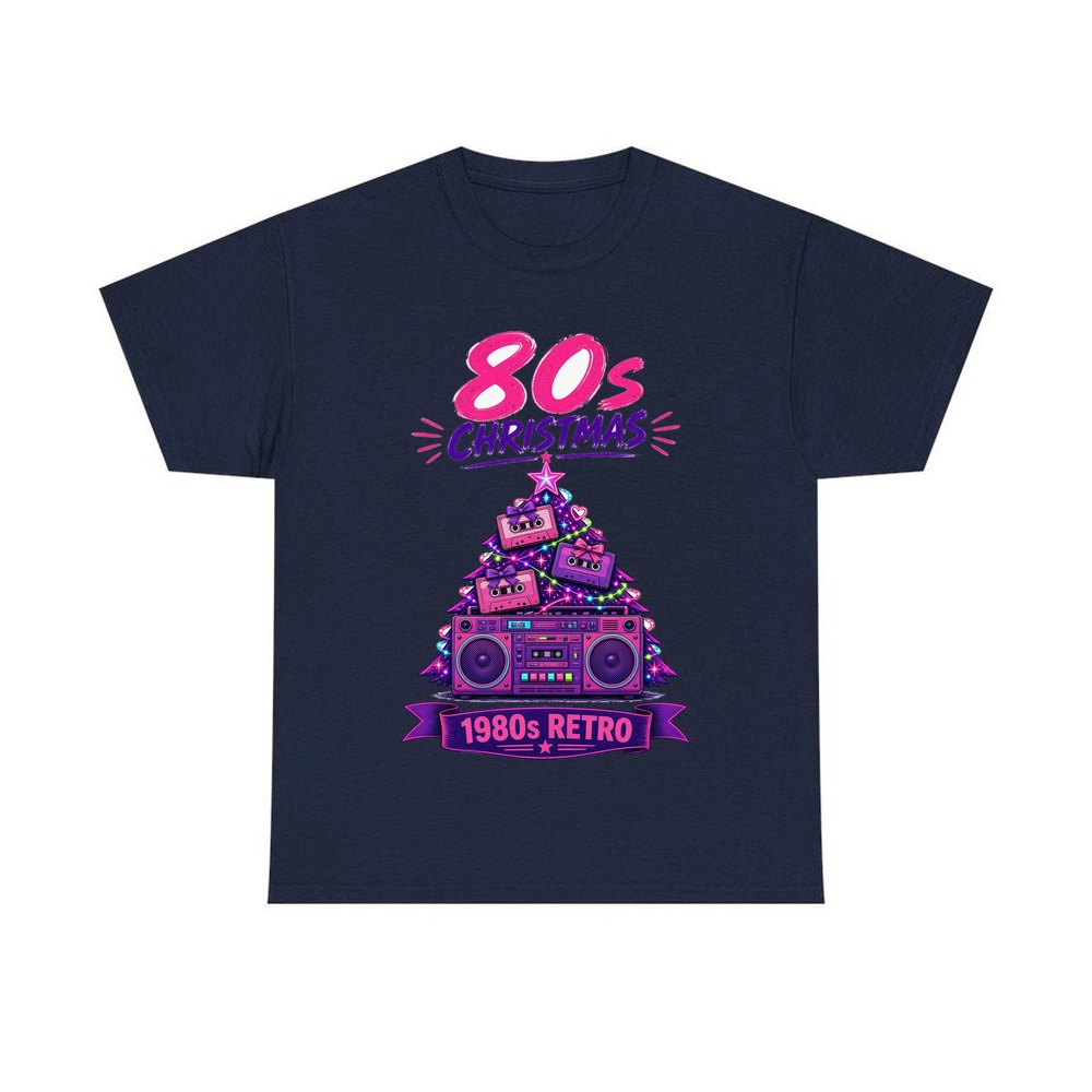 Eighties Boombox Christmas Tree personalised Christmas T-shirt in navy