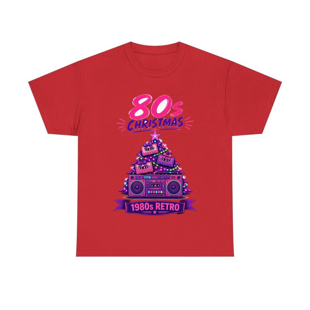 Eighties Boombox Christmas Tree personalised Christmas T-shirt in red