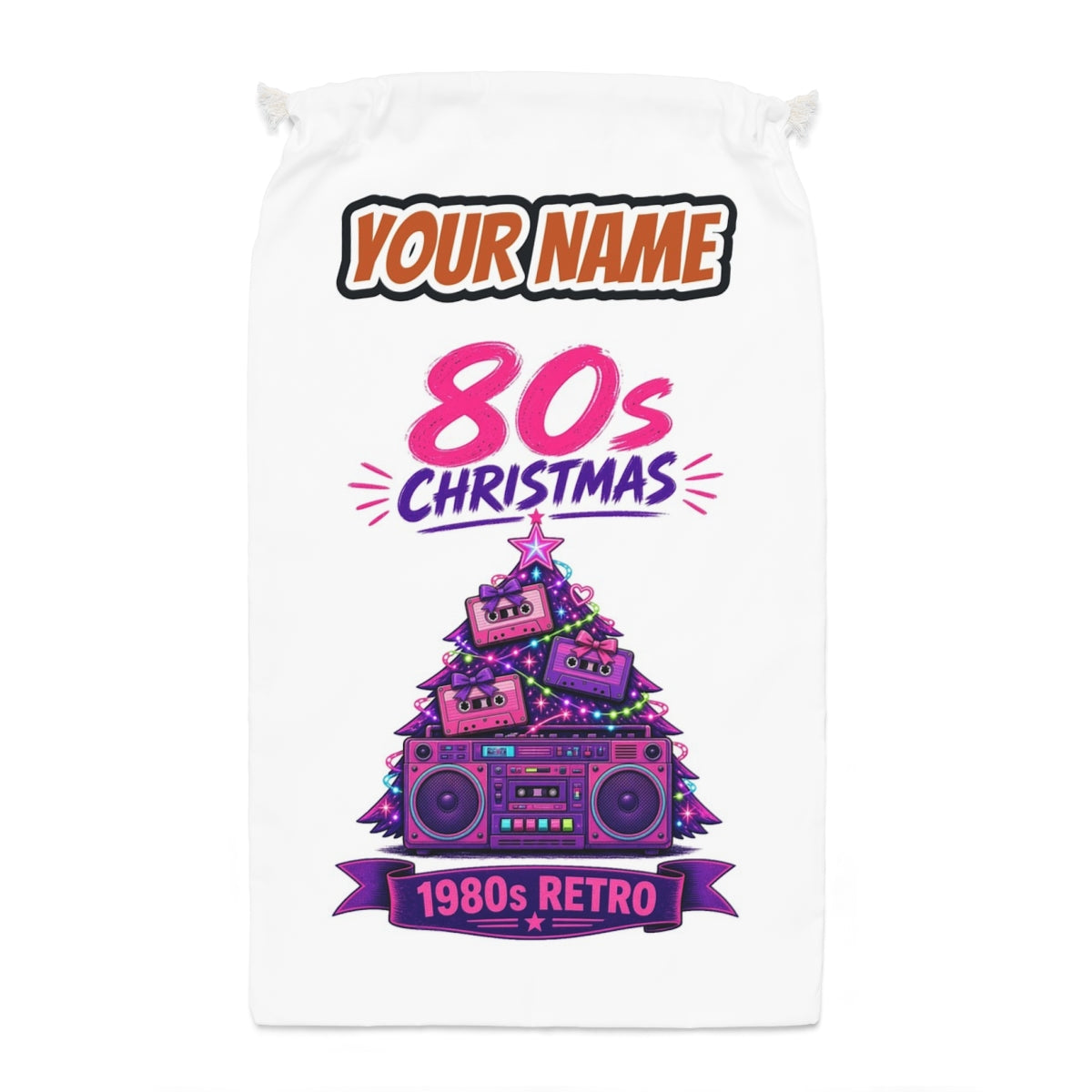 Eighties Boombox Christmas Tree Santa sack laid flat, showing the full print