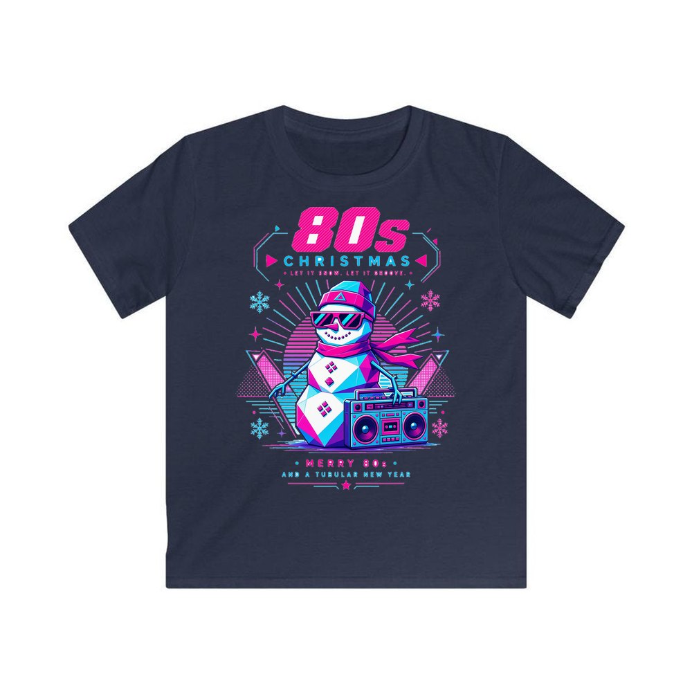 Eighties Boombox Snowman personalised kids Christmas tee in navy