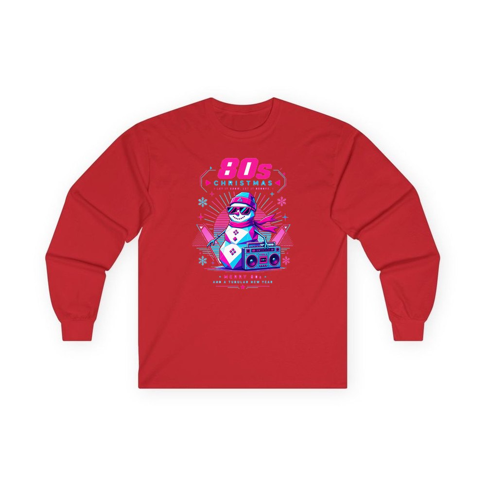 Eighties Boombox Snowman personalised long sleeve Christmas T-shirt in red
