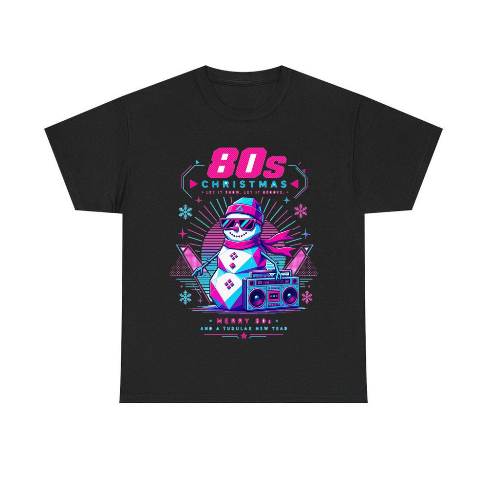 Eighties Boombox Snowman personalised Christmas T-shirt in black