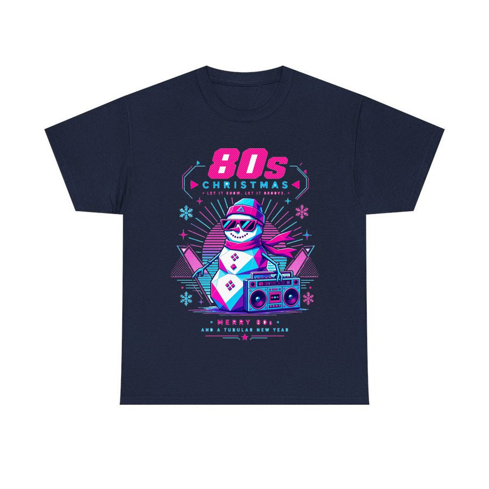 Eighties Boombox Snowman personalised Christmas T-shirt in navy