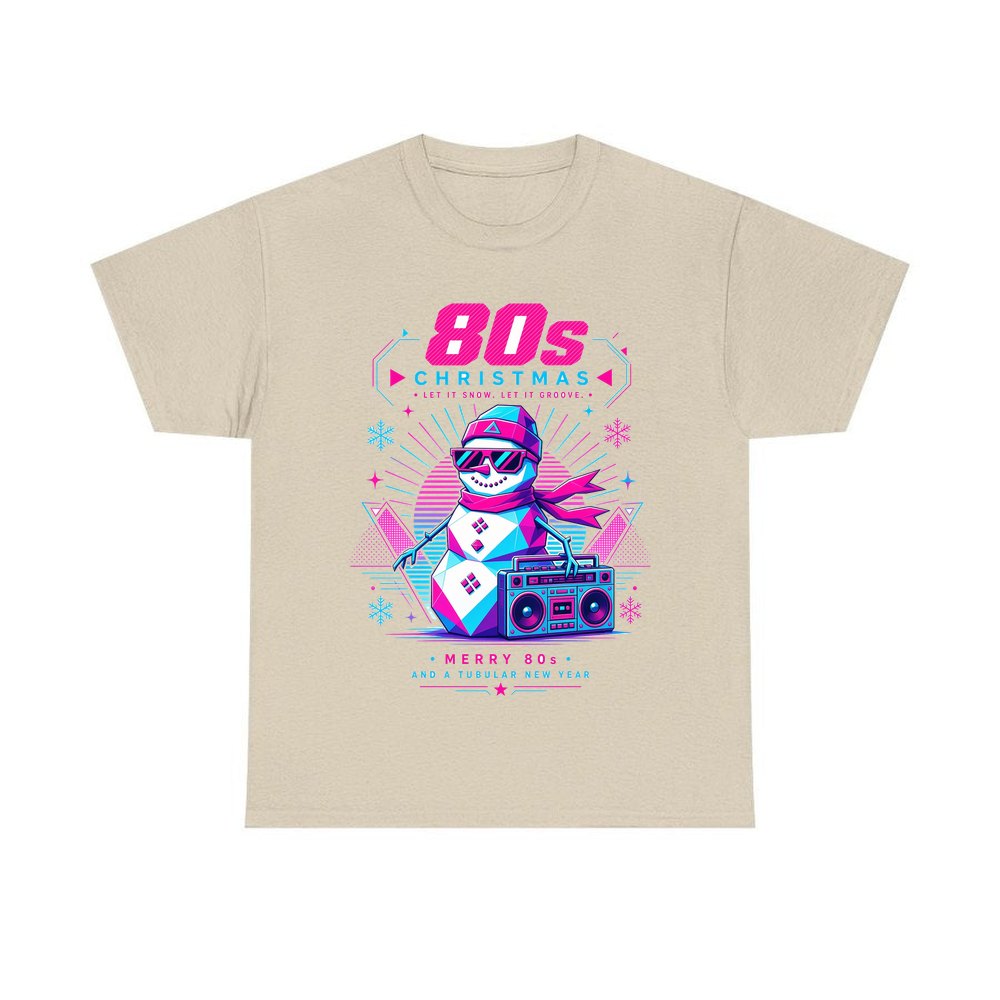 Eighties Boombox Snowman personalised Christmas T-shirt in sand