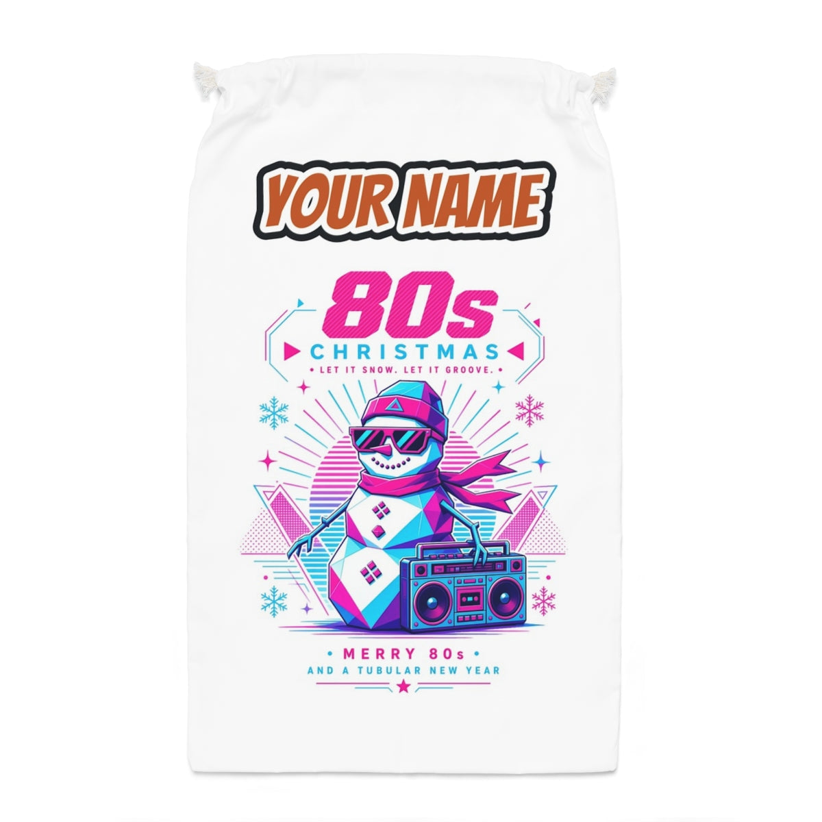 Eighties Boombox Snowman Santa sack laid flat, showing the full print