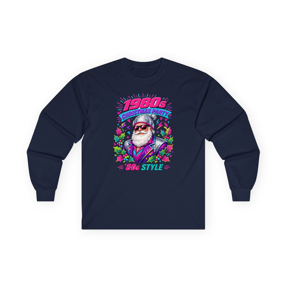 Eighties Disco Santa personalised long sleeve Christmas T-shirt in navy