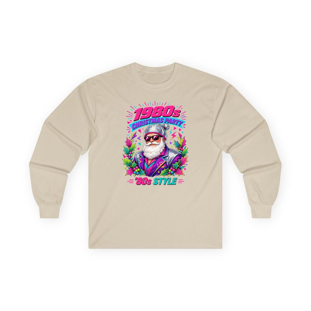 Eighties Disco Santa personalised long sleeve Christmas T-shirt in sand