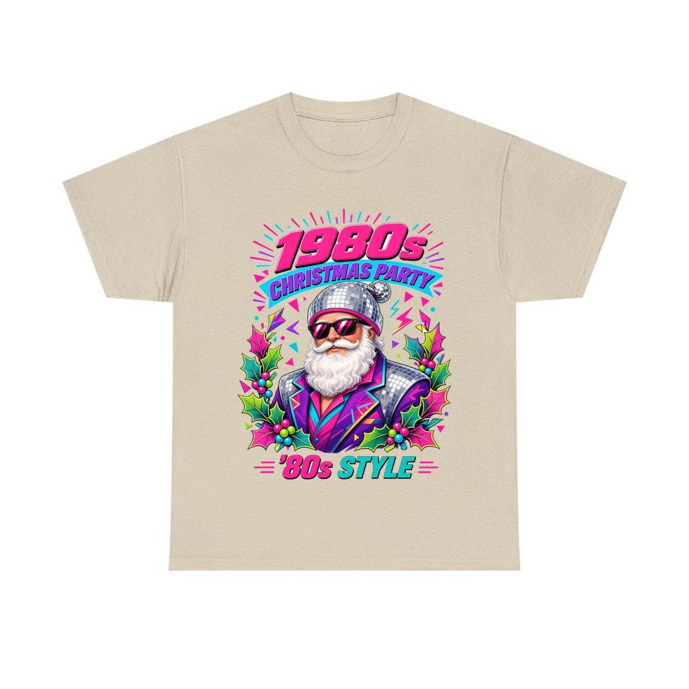 Eighties Disco Santa personalised Christmas T-shirt in sand