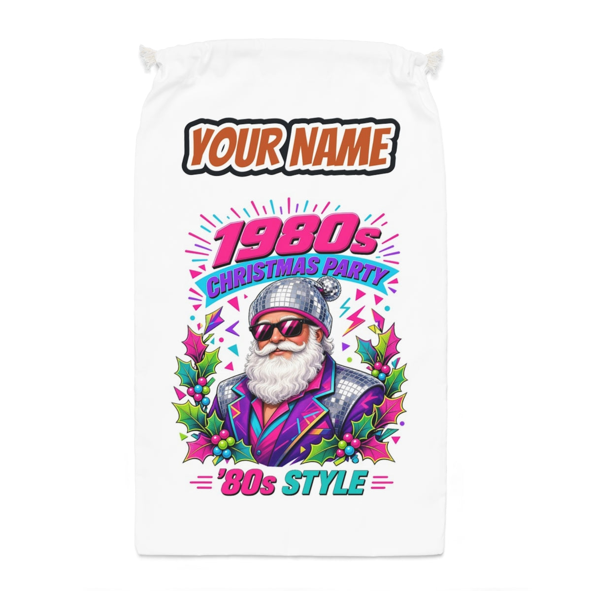 Eighties Disco Santa Santa sack laid flat, showing the full print