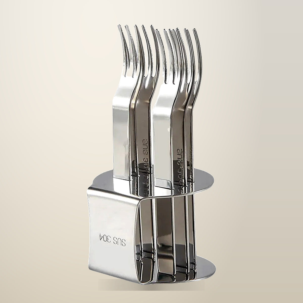 304 Stainless Steel Fruit Fork Set of 6 with Stand, on a plain cream background
