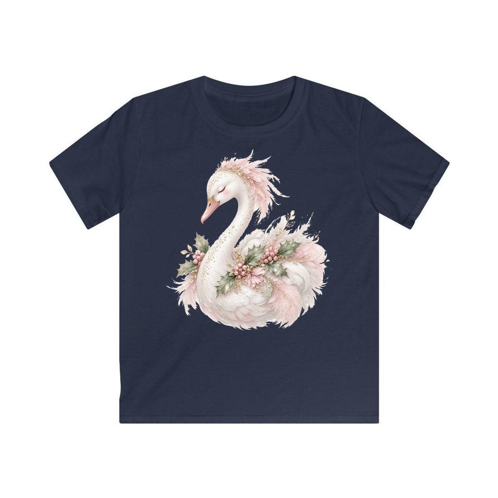Elegant Christmas Swan personalised kids Christmas tee in navy