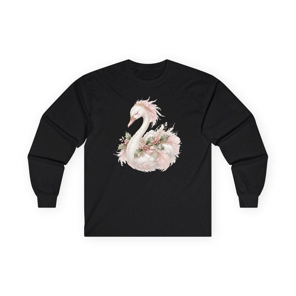 Elegant Christmas Swan personalised long sleeve Christmas T-shirt in black