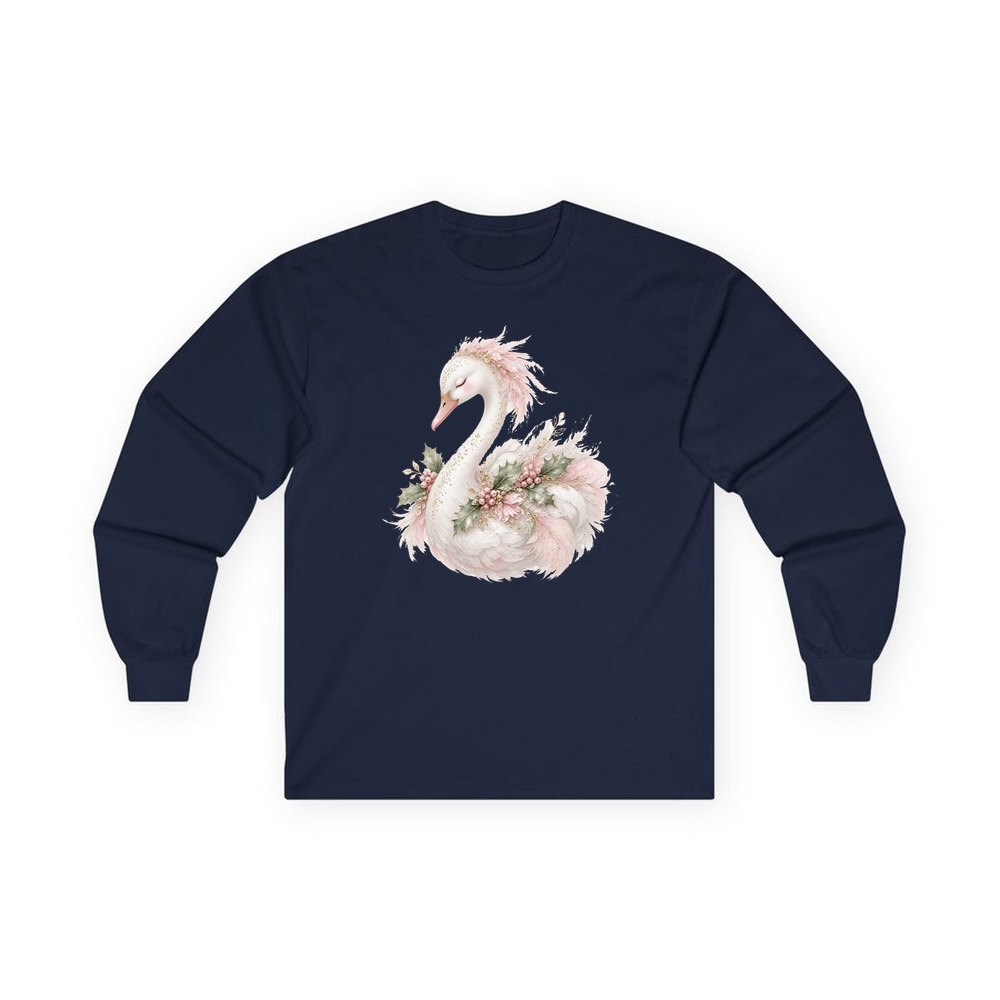 Elegant Christmas Swan personalised long sleeve Christmas T-shirt in navy