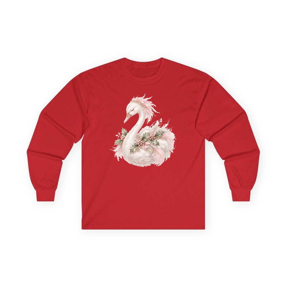 Elegant Christmas Swan personalised long sleeve Christmas T-shirt in red