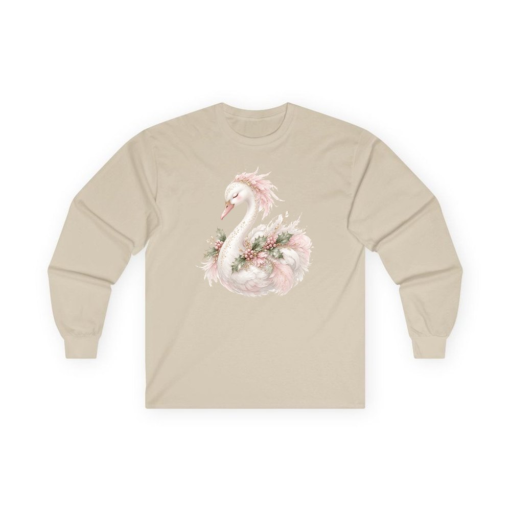 Elegant Christmas Swan personalised long sleeve Christmas T-shirt in sand