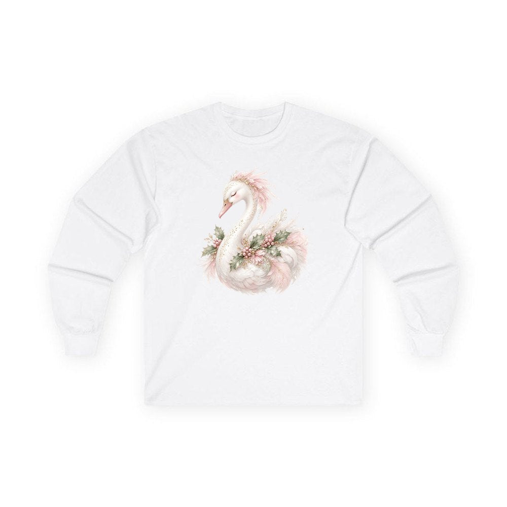 Elegant Christmas Swan personalised long sleeve Christmas T-shirt in white