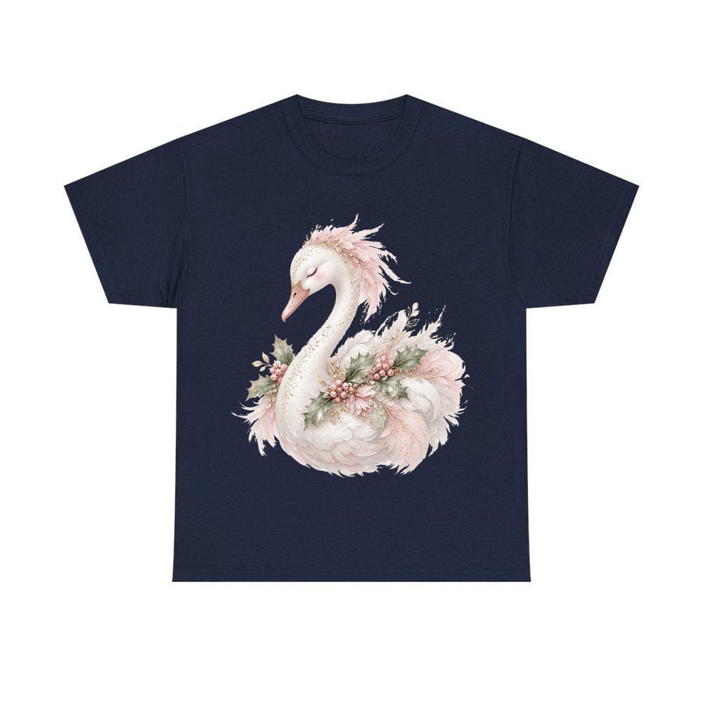 Elegant Christmas Swan personalised Christmas T-shirt in navy