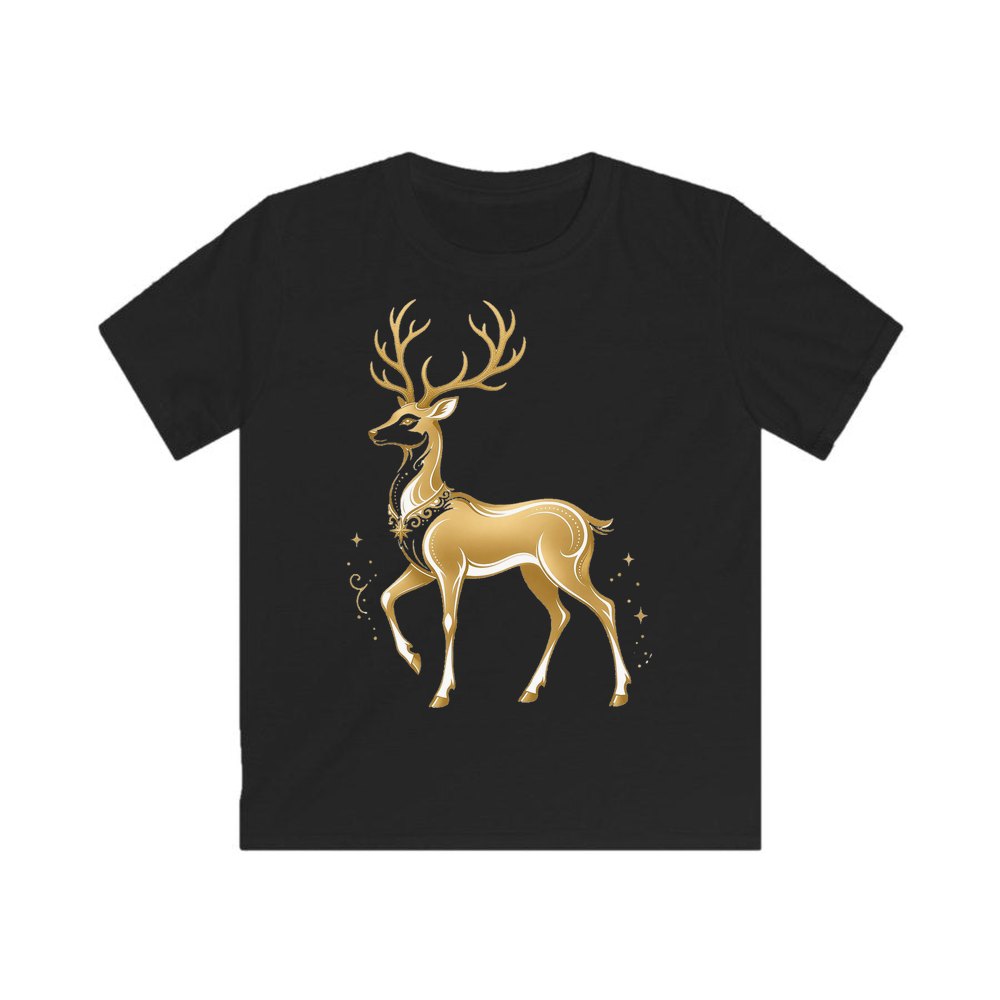 Elegant Gold Stag personalised kids Christmas tee in black