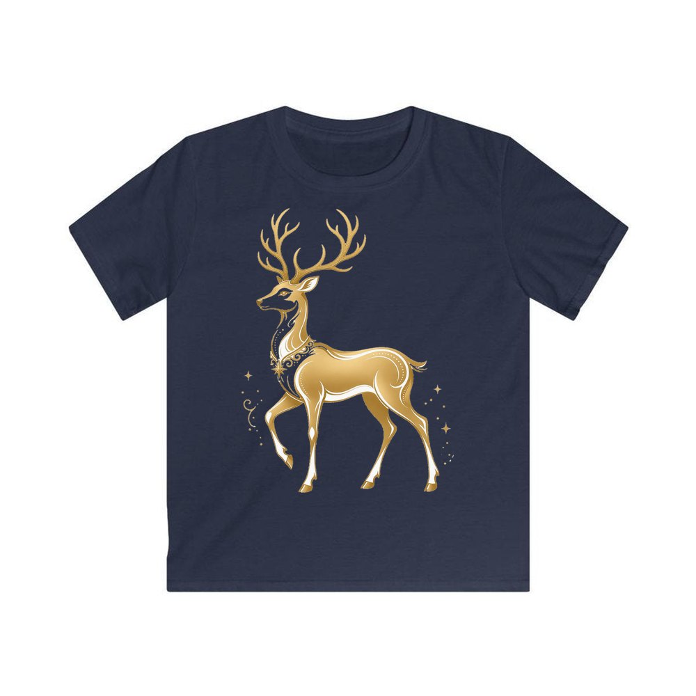 Elegant Gold Stag personalised kids Christmas tee in navy