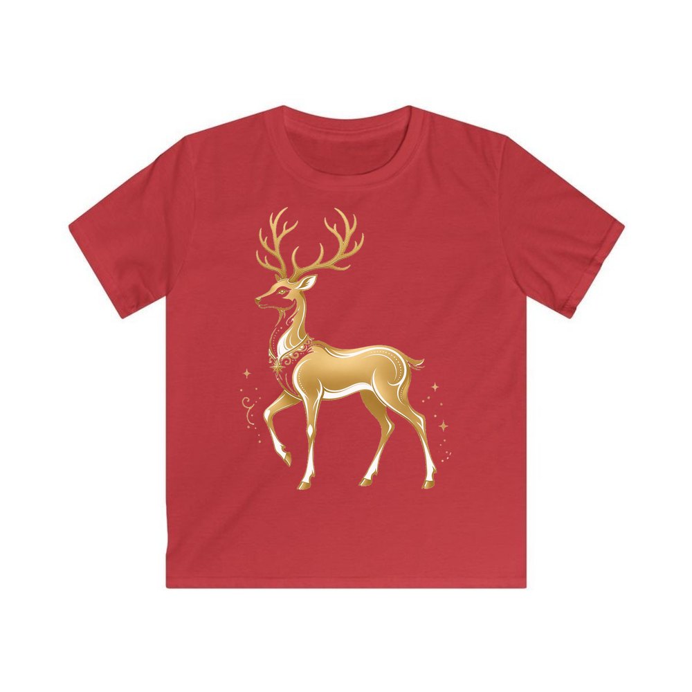 Elegant Gold Stag personalised kids Christmas tee in red
