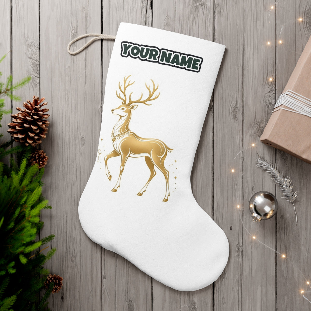 Elegant Gold Stag personalised Christmas stocking, white, with the name across the top