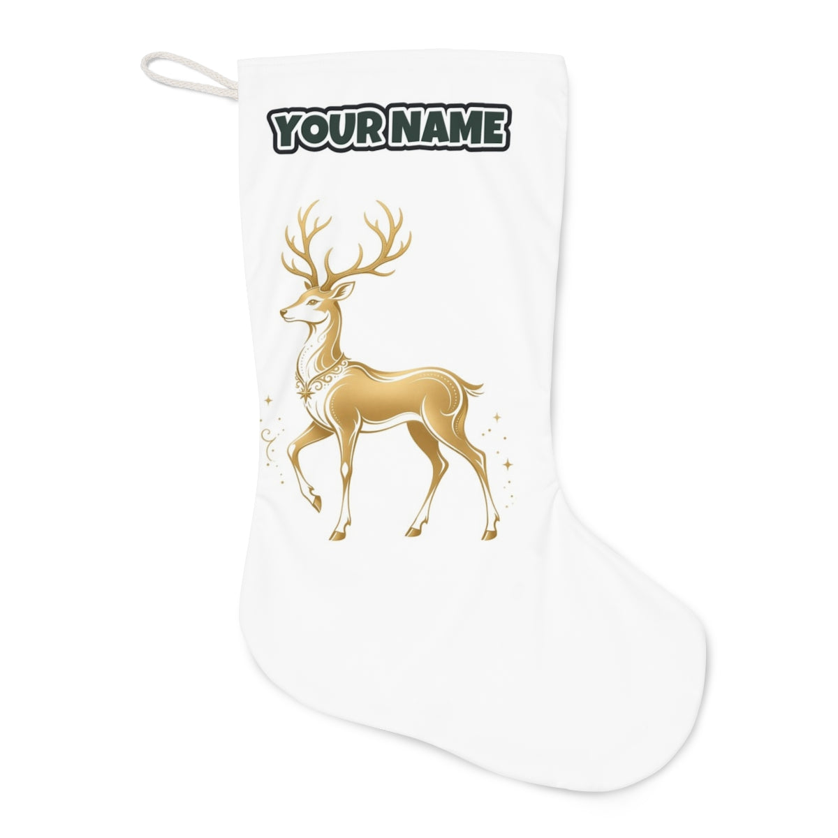 Elegant Gold Stag Christmas stocking laid flat, showing the full print