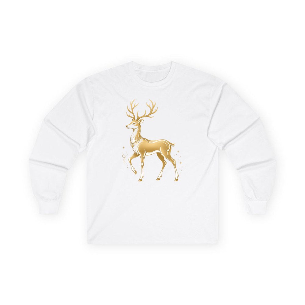 Elegant Gold Stag personalised long sleeve Christmas T-shirt in white