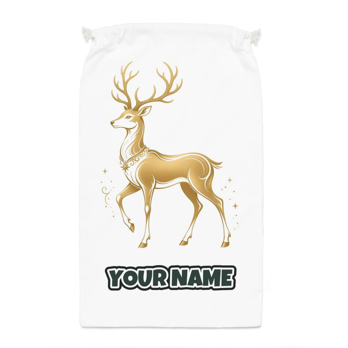 Elegant Gold Stag Santa sack laid flat, showing the full print