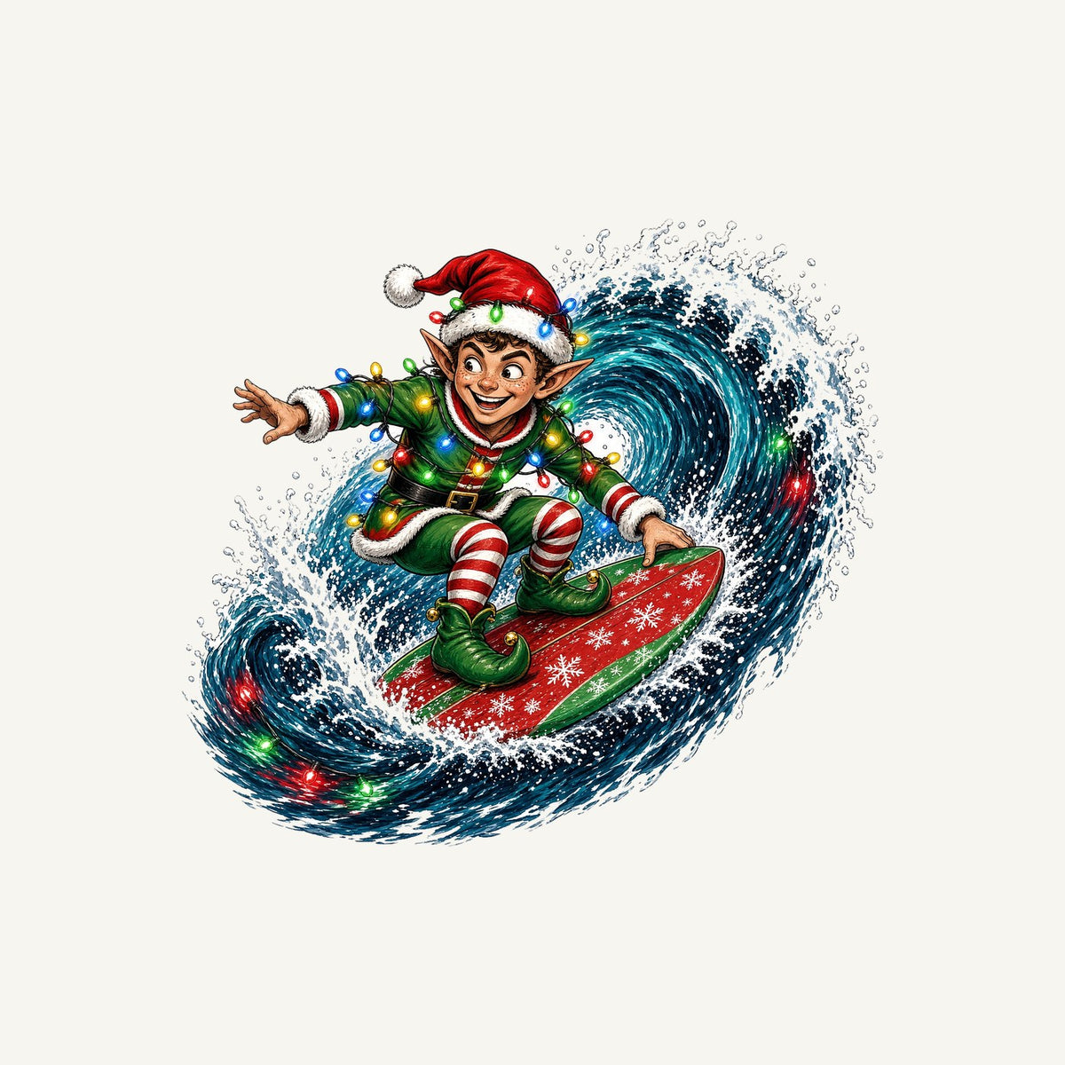 Elf Surfing the Lights Personalised Kids and Baby Christmas Tee