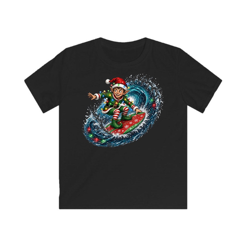 Elf Surfing the Lights personalised kids Christmas tee in black