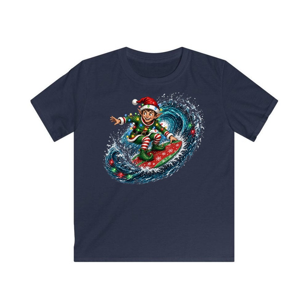 Elf Surfing the Lights personalised kids Christmas tee in navy